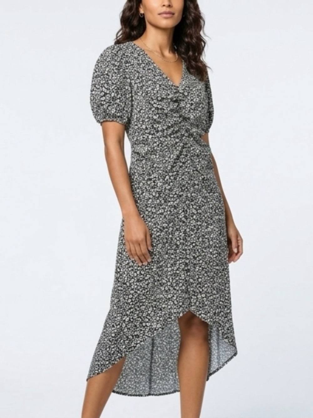 A New Day Floral Crepe MIDI Dress Blsck and White Ruched Size S